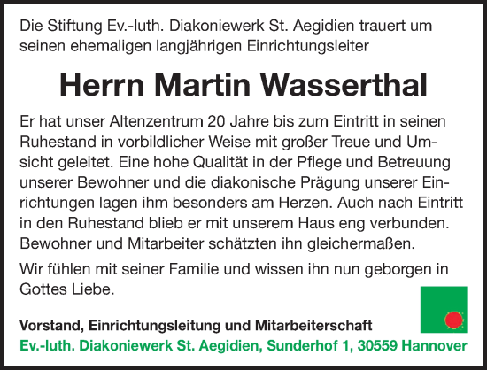 Traueranzeige von Martin Wasserthal von Hannoversche Allgemeine Zeitung/Neue Presse