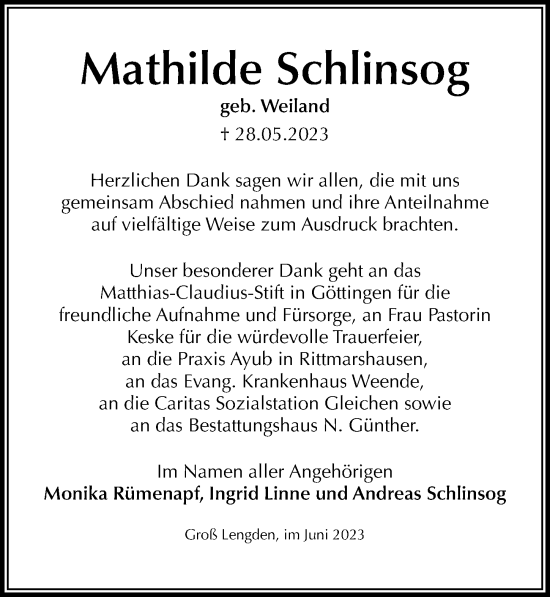 Traueranzeige von Mathilde Schlinsog von Göttinger Tageblatt