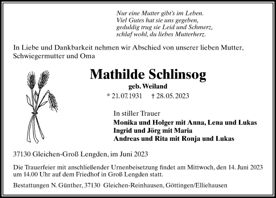 Traueranzeige von Mathilde Schlinsog von Göttinger Tageblatt