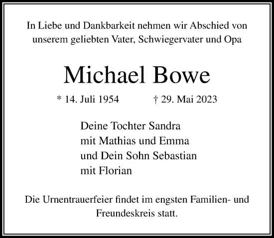 Traueranzeige von Michael Bowe von Lübecker Nachrichten