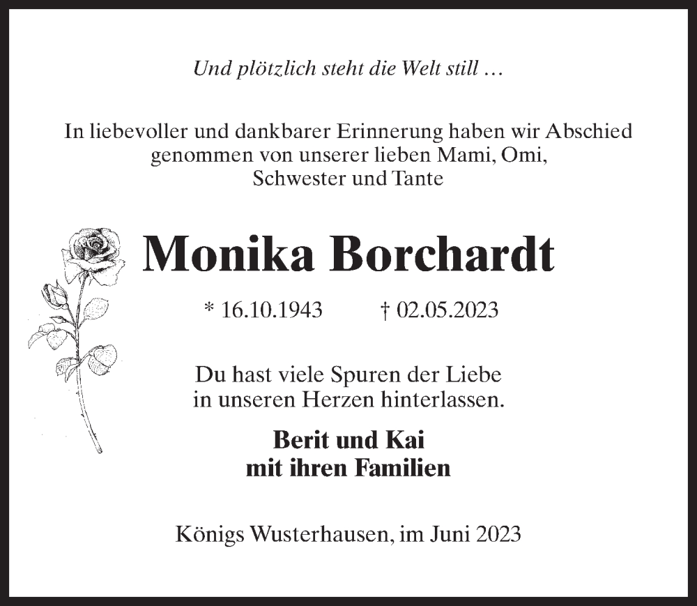  Traueranzeige für Monika Borchardt vom 03.06.2023 aus Märkischen Allgemeine Zeitung