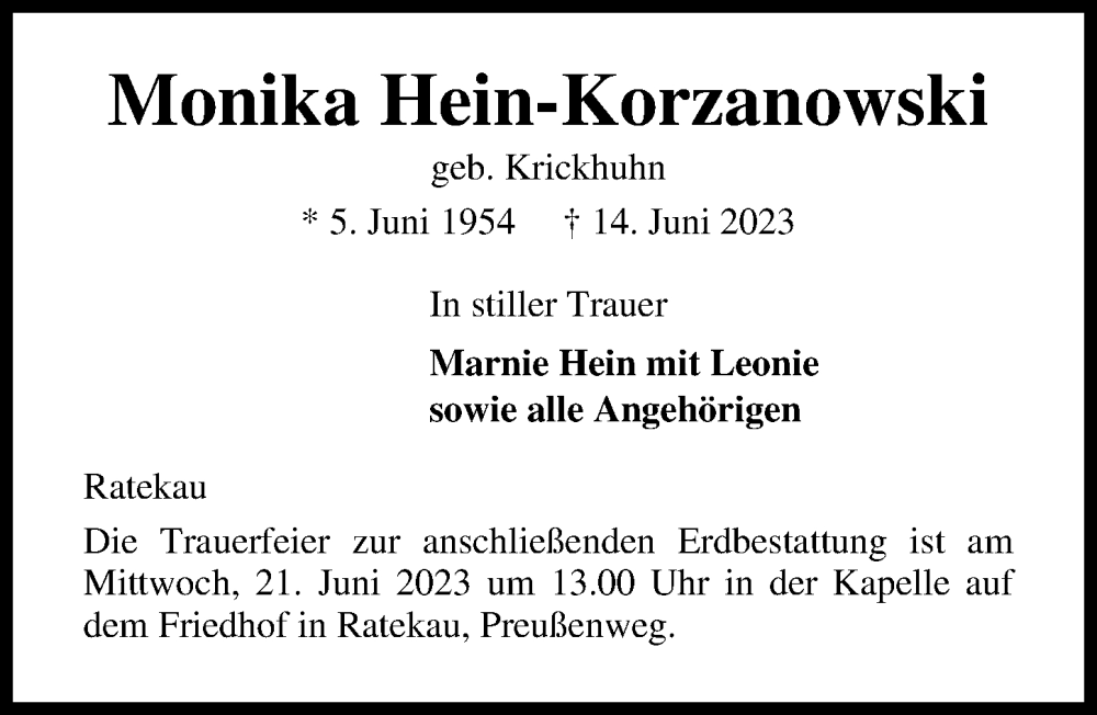  Traueranzeige für Monika Hein-Korzanowski vom 18.06.2023 aus Lübecker Nachrichten