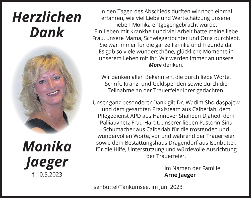  Traueranzeige für Monika Jaeger vom 24.06.2023 aus Aller Zeitung