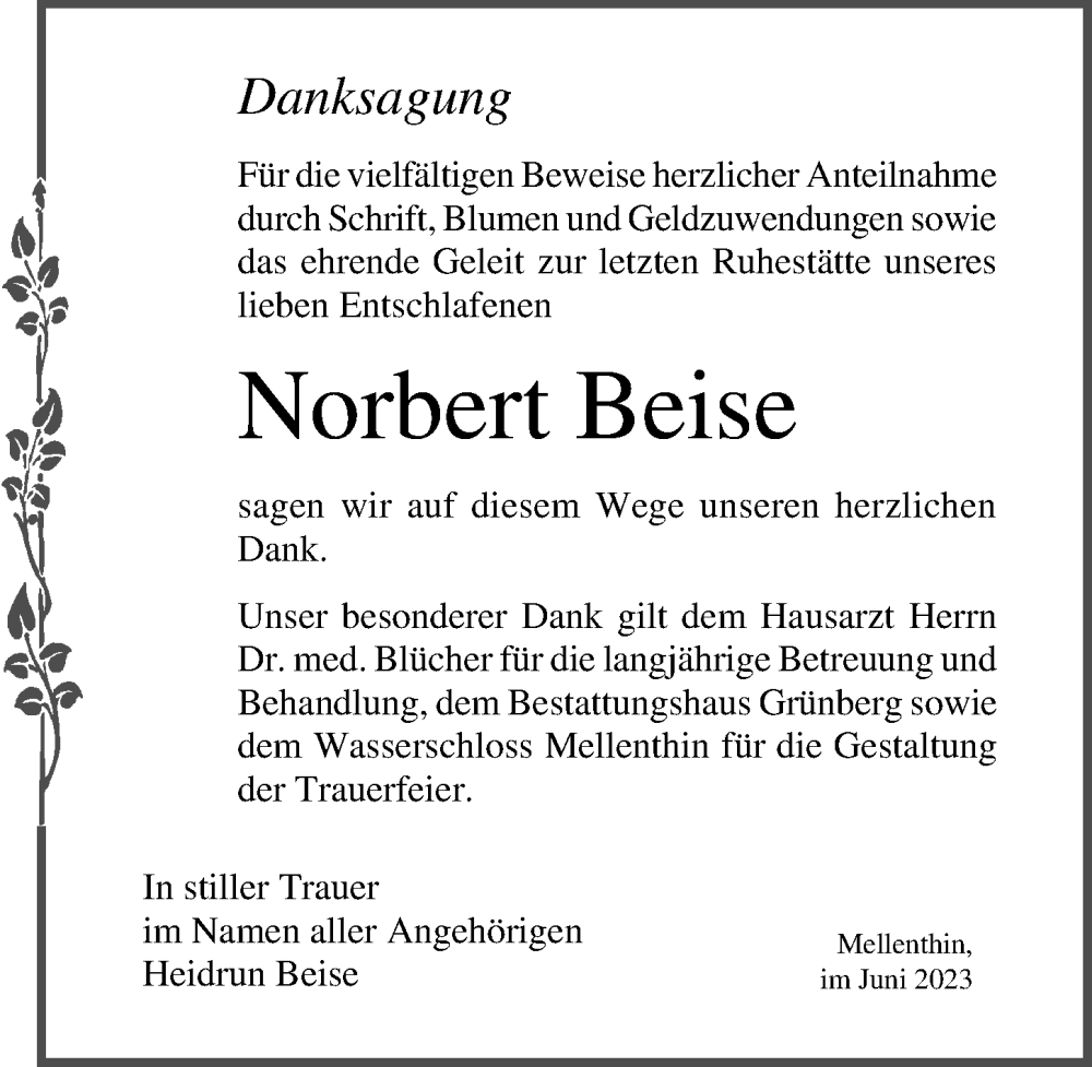  Traueranzeige für Norbert Beise vom 10.06.2023 aus Ostsee-Zeitung GmbH