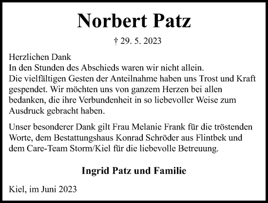 Traueranzeige von Norbert Patz von Kieler Nachrichten