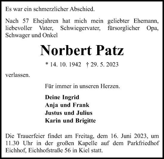 Traueranzeige von Norbert Patz von Kieler Nachrichten