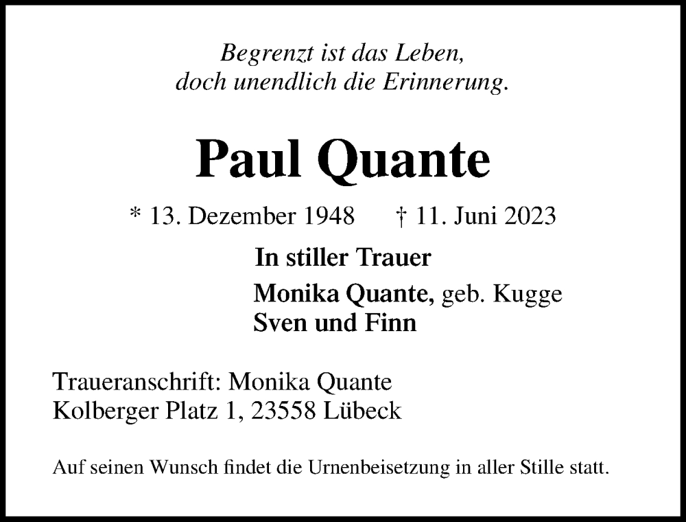  Traueranzeige für Paul Quante vom 18.06.2023 aus Lübecker Nachrichten