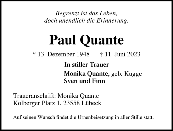 Traueranzeige von Paul Quante von Lübecker Nachrichten