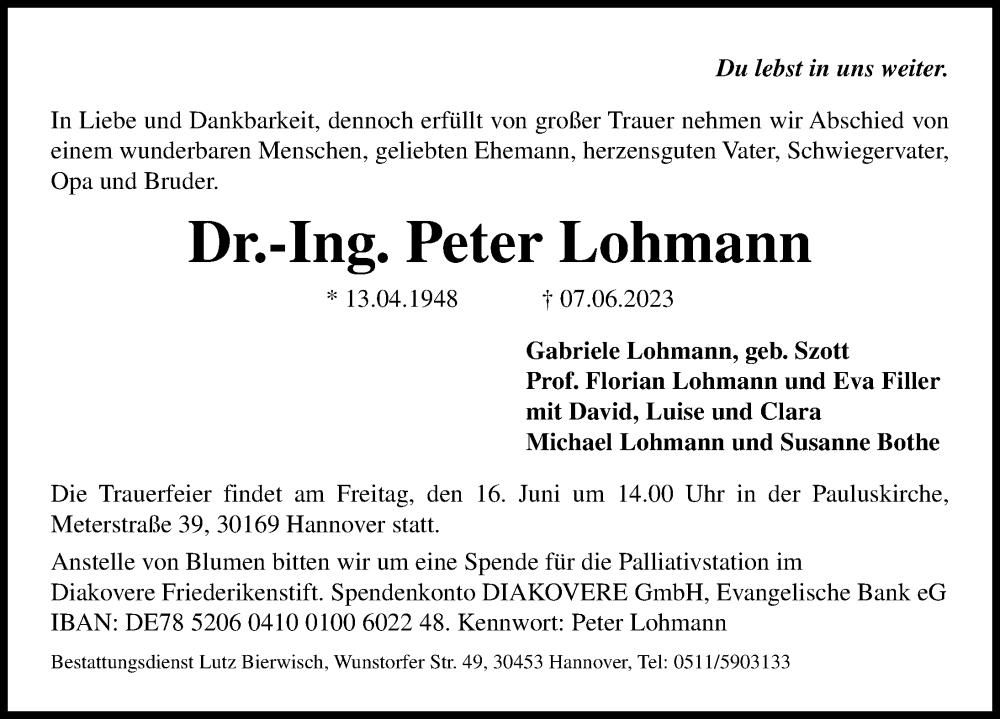  Traueranzeige für Peter Lohmann vom 10.06.2023 aus Madsack GmbH