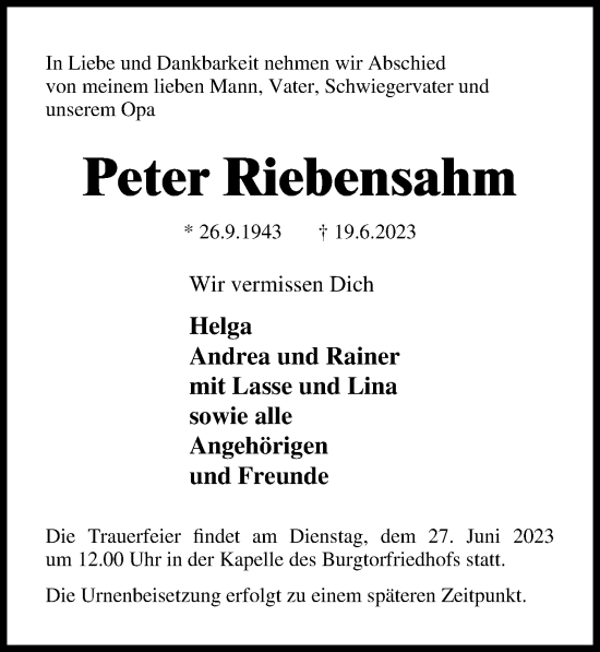 Traueranzeige von Peter Riebensahm von Lübecker Nachrichten