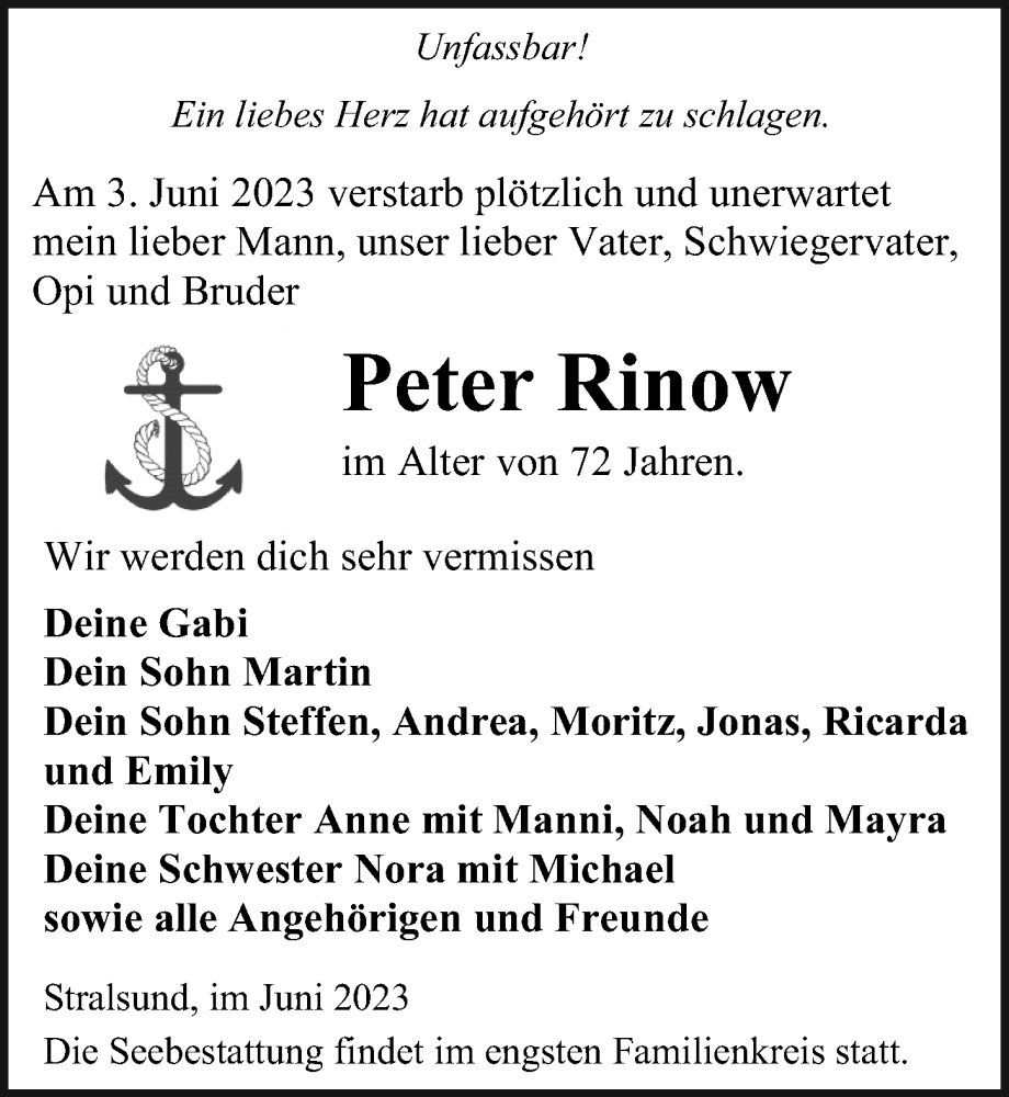  Traueranzeige für Peter Rinow vom 10.06.2023 aus Ostsee-Zeitung GmbH
