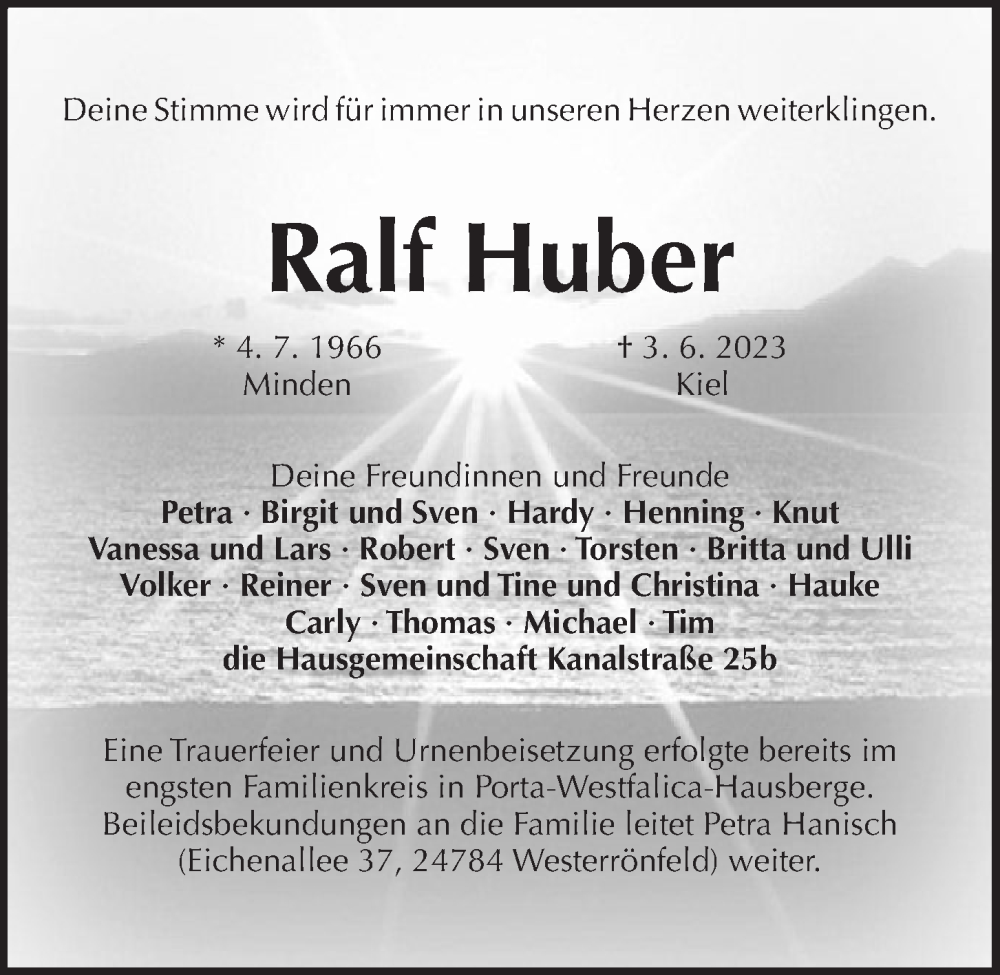  Traueranzeige für Ralf Huber vom 24.06.2023 aus Kieler Nachrichten