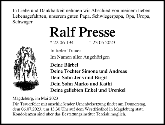 Traueranzeige von Ralf Presse von Ostsee-Zeitung GmbH