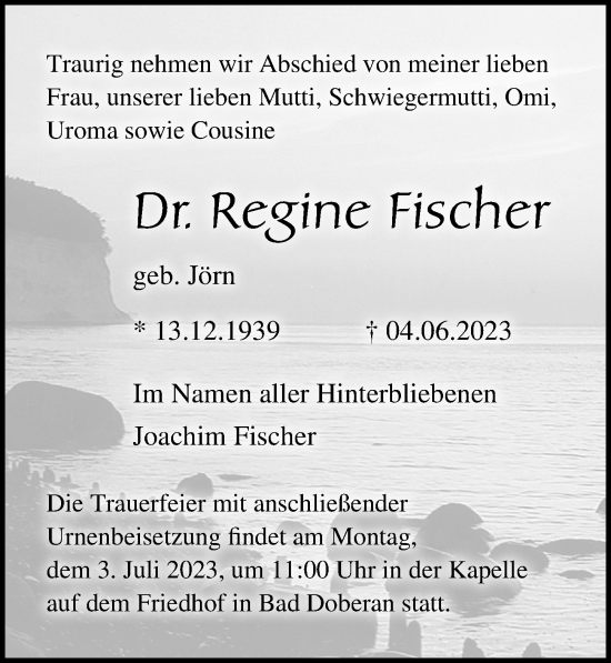 Traueranzeige von Regine Fischer von Ostsee-Zeitung GmbH
