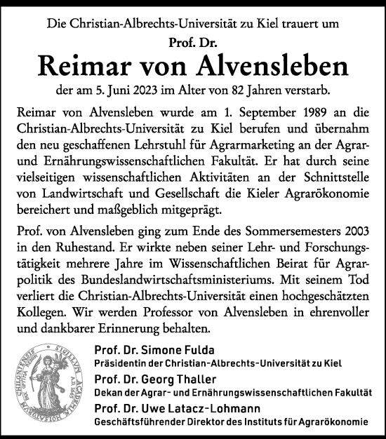 Traueranzeige von Reimar von Alvensleben von Kieler Nachrichten