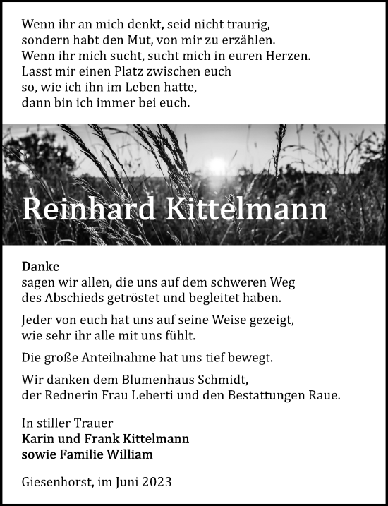 Traueranzeige von Reinhard Kittelmann