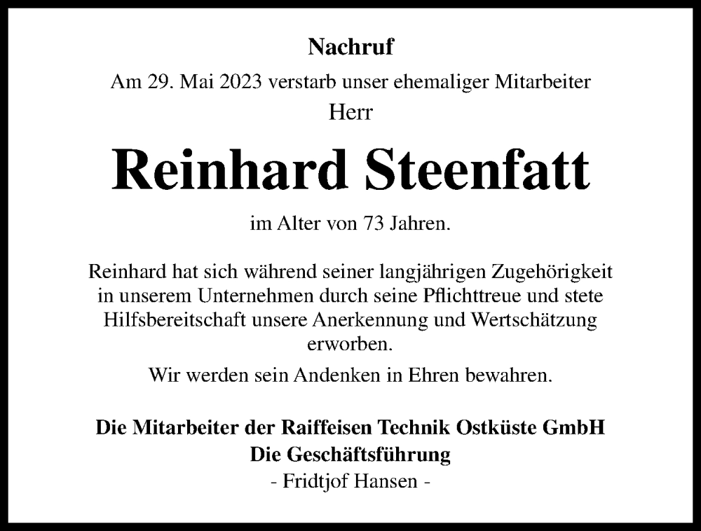  Traueranzeige für Reinhard Steenfatt vom 17.06.2023 aus Kieler Nachrichten