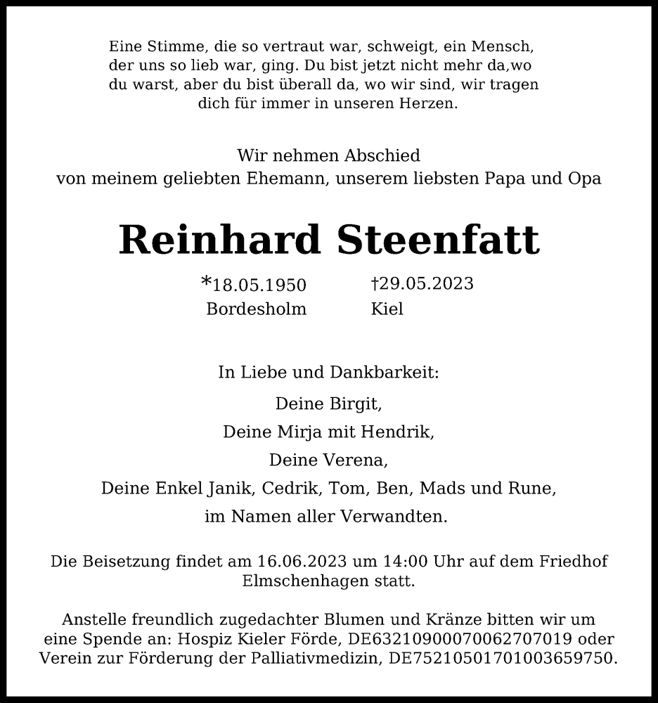  Traueranzeige für Reinhard Steenfatt vom 10.06.2023 aus Kieler Nachrichten