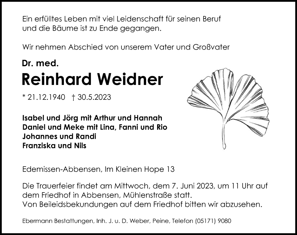  Traueranzeige für Reinhard Weidner vom 03.06.2023 aus Peiner Allgemeine Zeitung