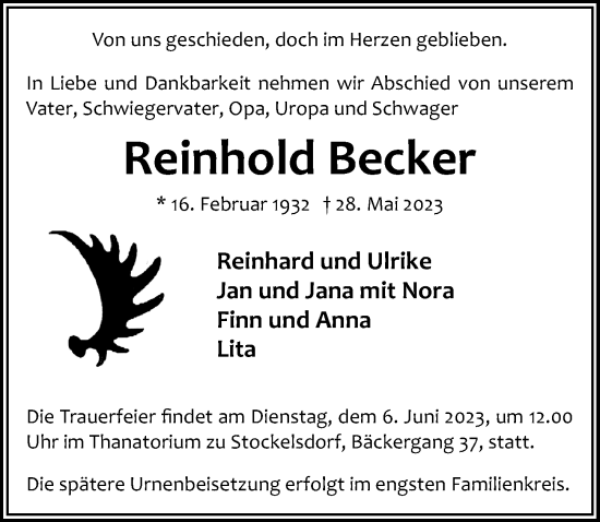 Traueranzeige von Reinhold Becker von Lübecker Nachrichten