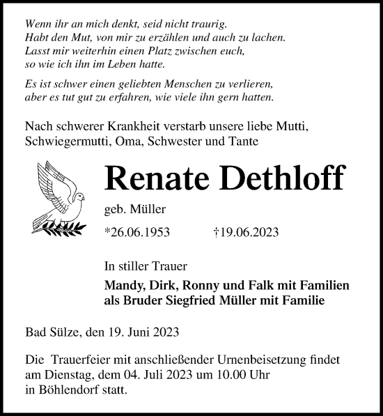 Traueranzeige von Renate Dethloff von Ostsee-Zeitung GmbH