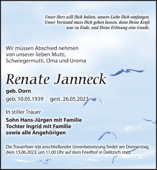 Traueranzeige von Renate Janneck von Leipziger Volkszeitung