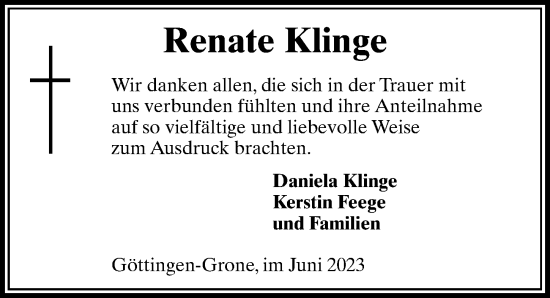 Traueranzeige von Renate Klinge von Göttinger Tageblatt