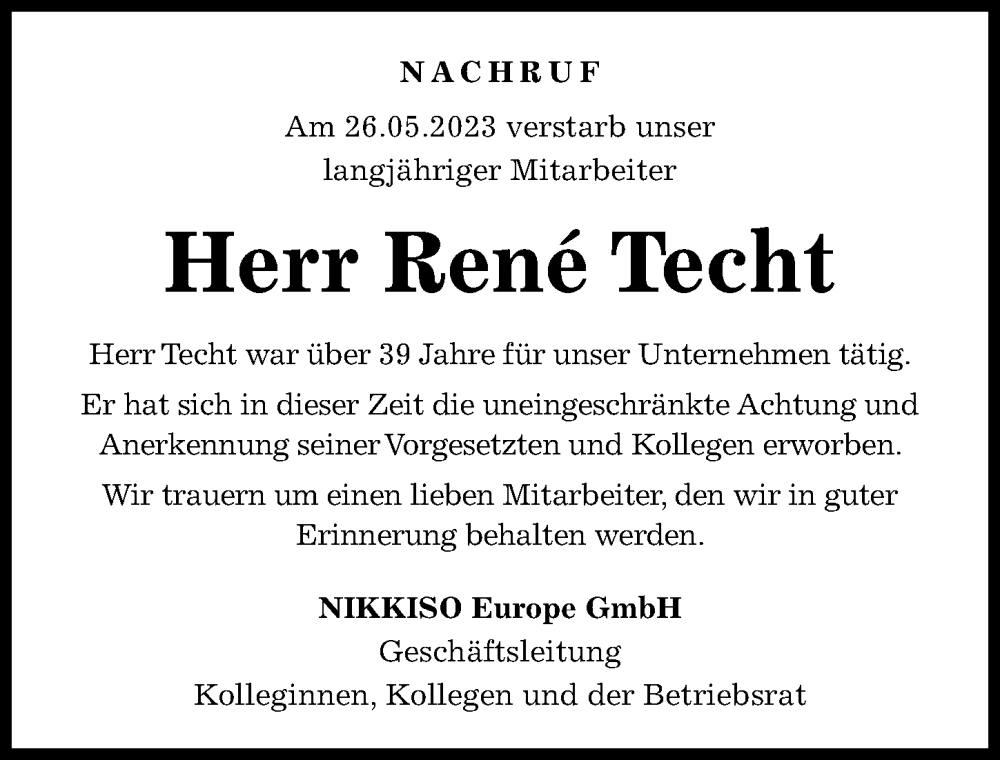  Traueranzeige für René Techt vom 10.06.2023 aus Madsack GmbH