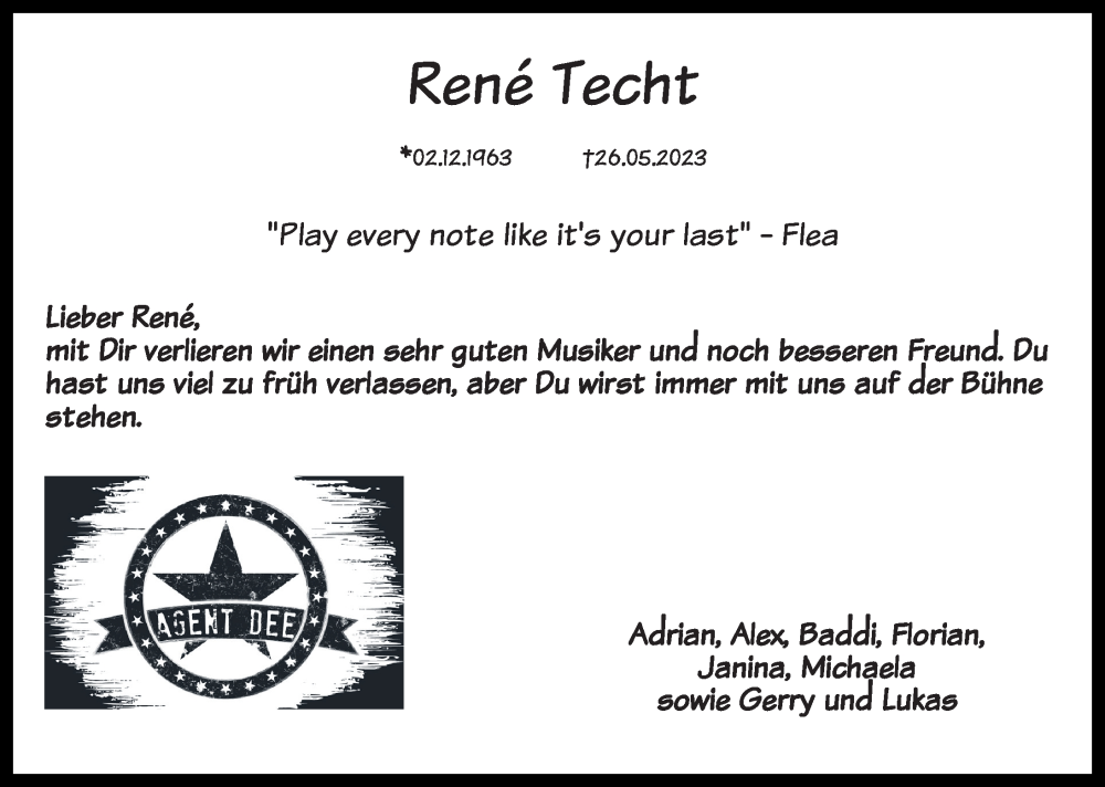  Traueranzeige für René Techt vom 06.06.2023 aus Hannoversche Allgemeine Zeitung/Neue Presse