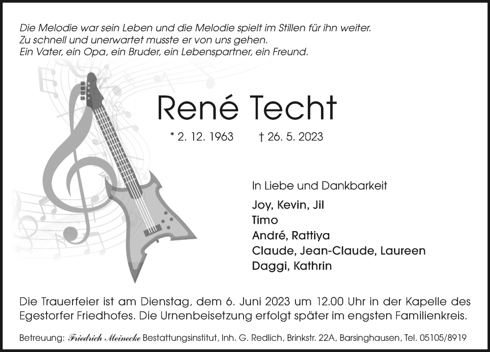  Traueranzeige für René Techt vom 03.06.2023 aus Hannoversche Allgemeine Zeitung/Neue Presse