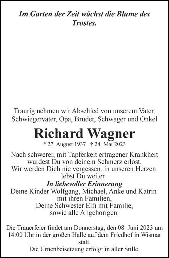 Traueranzeige von Richard Wagner von Ostsee-Zeitung GmbH