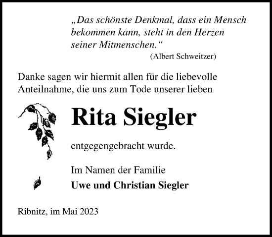 Traueranzeige von Rita Siegler von Ostsee-Zeitung GmbH