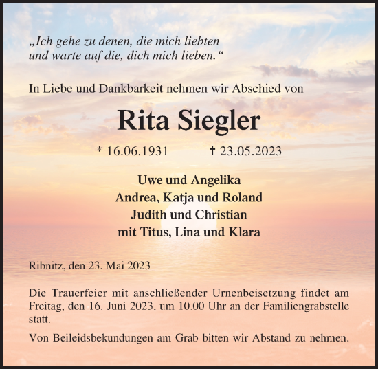 Traueranzeige von Rita Siegler von Ostsee-Zeitung GmbH