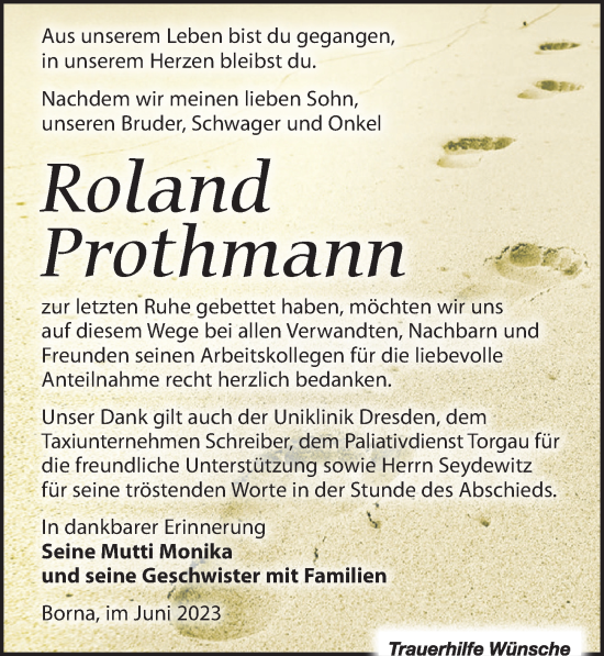 Traueranzeige von Roland Prothmann von Leipziger Volkszeitung