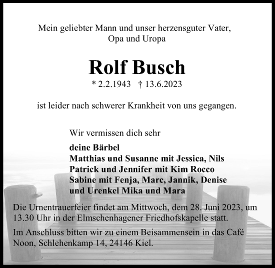 Traueranzeige von Rolf Busch von Kieler Nachrichten