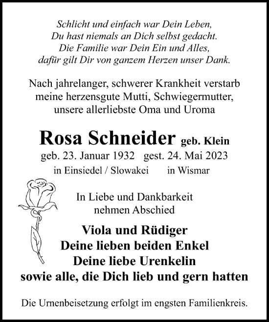 Traueranzeige von Rosa Schneider von Ostsee-Zeitung GmbH