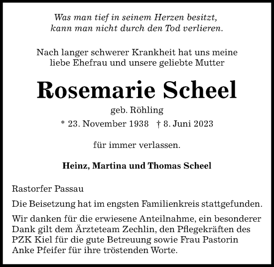 Traueranzeige von Rosemarie Scheel von Kieler Nachrichten