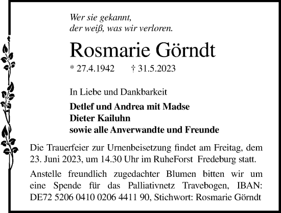 Traueranzeige von Rosmarie Görndt von Lübecker Nachrichten
