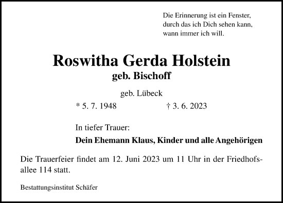 Traueranzeige von Roswitha Gerda Holstein von Lübecker Nachrichten