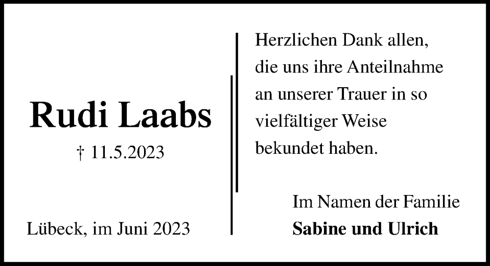  Traueranzeige für Rudi Laabs vom 18.06.2023 aus Lübecker Nachrichten