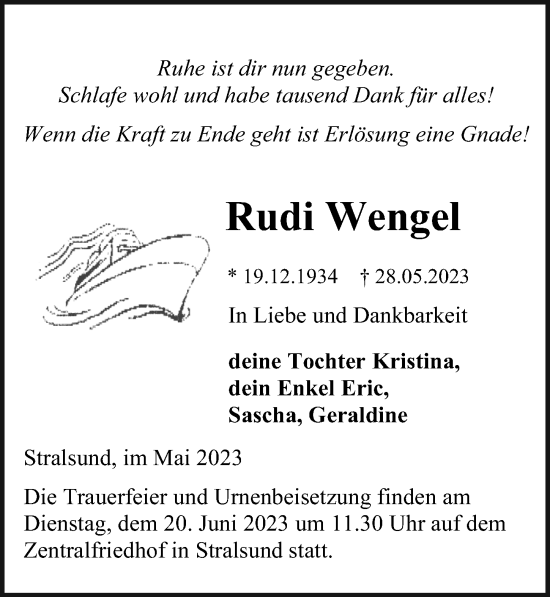Traueranzeige von Rudi Wengel von Ostsee-Zeitung GmbH