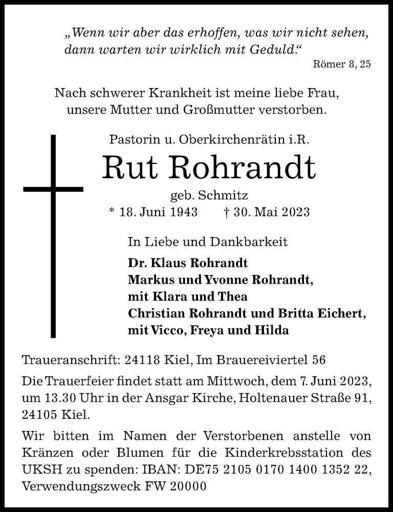  Traueranzeige für Rut Rohrandt vom 03.06.2023 aus Kieler Nachrichten