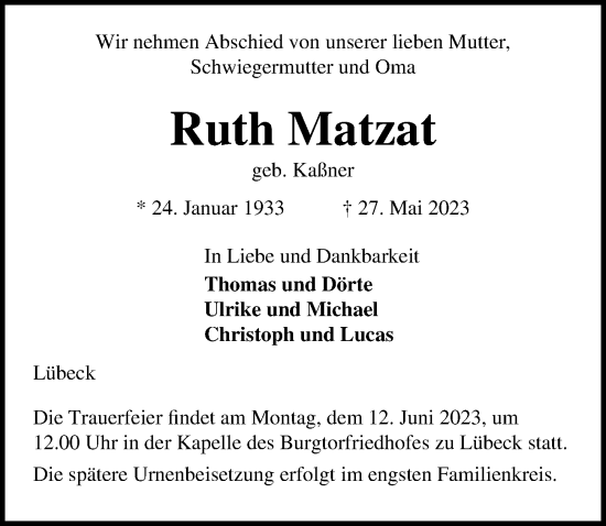 Traueranzeige von Ruth Matzat von Lübecker Nachrichten
