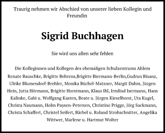Traueranzeige von Sigrid Buchhagen von Hannoversche Allgemeine Zeitung/Neue Presse