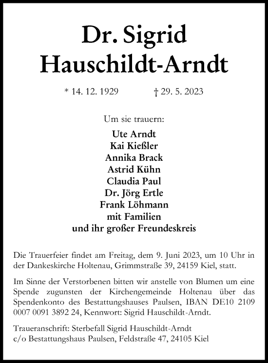 Traueranzeige von Sigrid Hauschildt-Arndt von Kieler Nachrichten