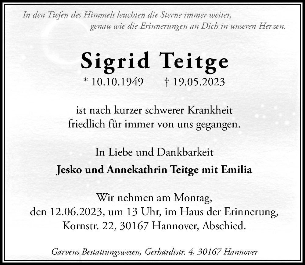  Traueranzeige für Sigrid Teitge vom 07.06.2023 aus Hannoversche Allgemeine Zeitung/Neue Presse
