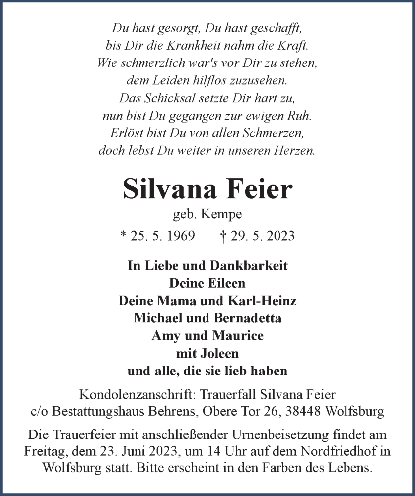  Traueranzeige für Silvana Feier vom 03.06.2023 aus Aller Zeitung