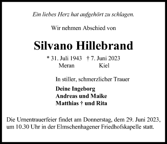 Traueranzeige von Silvano Hillebrand von Kieler Nachrichten