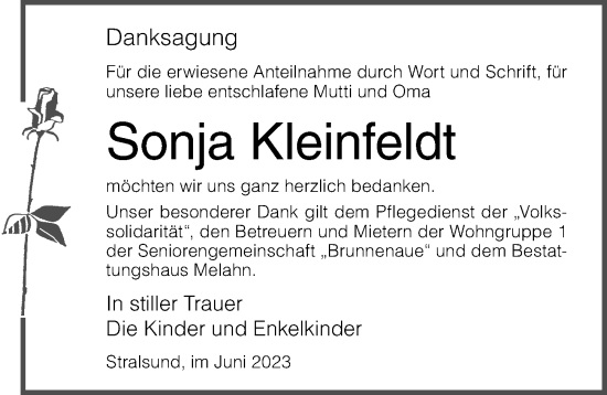 Traueranzeige von Sonja Kleinfeldt von Ostsee-Zeitung GmbH