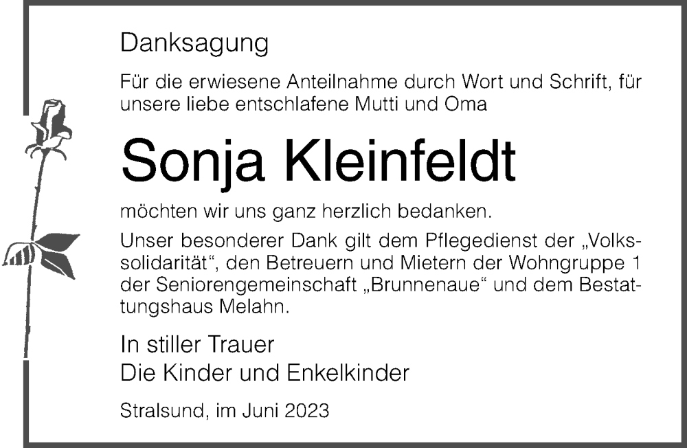  Traueranzeige für Sonja Kleinfeldt vom 17.06.2023 aus Ostsee-Zeitung GmbH